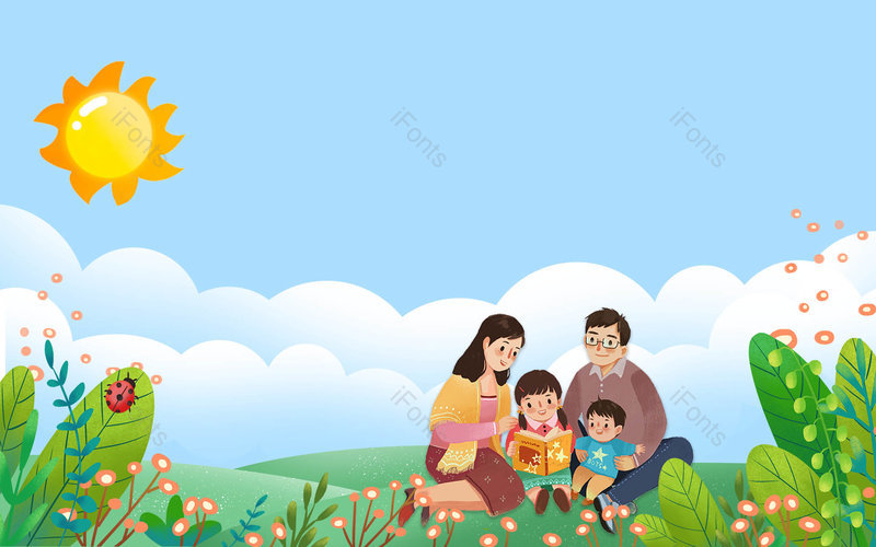 儿童节草坪户外活动家庭读书卡通清新自然背景图,插画/手绘图,插画/手绘图库,插画/手绘图下载,插画/手绘